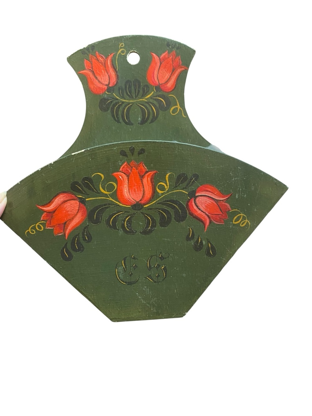 Vintage HandPainted Cone Coffee Filter Holder Green Floral Wooden Wall Decor